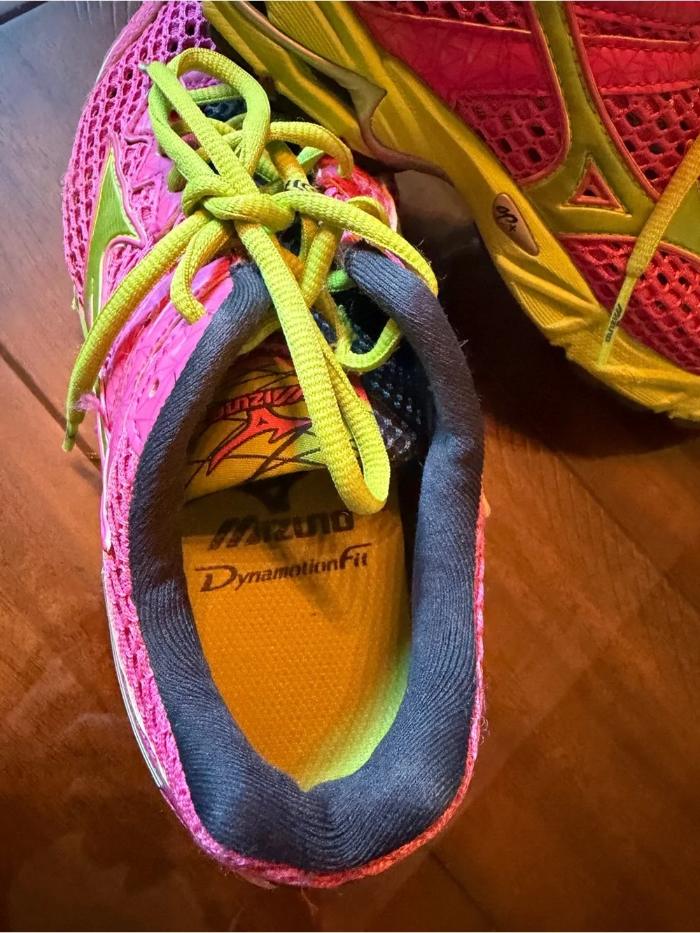 Mizuno Womens Pink and Neon Green Mesh Running Shoes